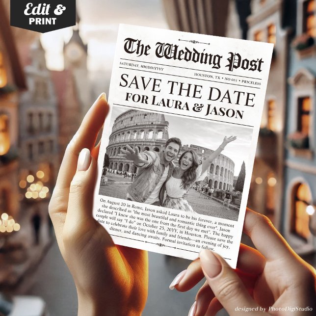 Convites Unique Fun Photo Save the Date Wedding Newspaper (Unique Fun Photo Save the Date Wedding Newspaper Invitation)