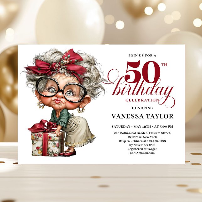 Convites Unique Funny Lady 50th Birthday Humor Cartoon  (Unique Funny Lady 50th Birthday Humor Cartoon Invitation)