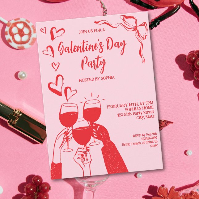 Convites Unique Hand Drawn Pink Red Galentine's Day Party (Unique Hand Drawn Pink Red Galentine's Day Party Invitation)