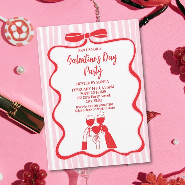 Convites Unique Hand Drawn Pink Red Galentine's Day Party (Whimsy Hand Drawn Pink Red Galentine's Day Party Invitation)