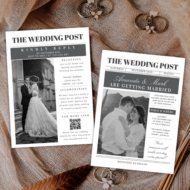 Convites Unique Newspaper Wedding Black and white (Criador carregado)
