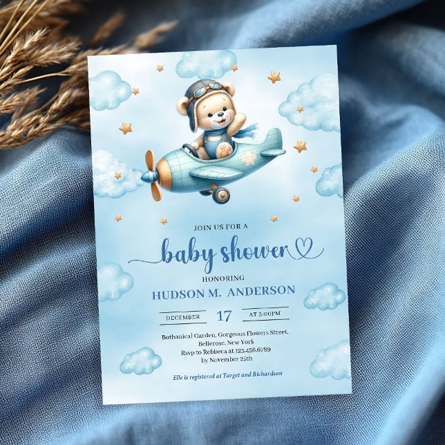 Convites Unique Teddy Bear Pilot Blue Brown Boy Shower Card (Unique Teddy Bear Pilot Blue Brown Boy Shower Invitation

)