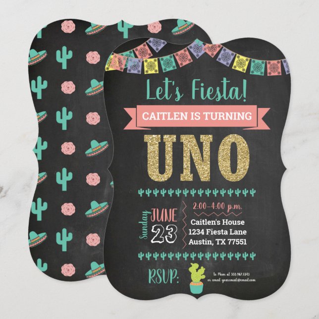 Convites Uno First Birthday Chalkboard Invation Girl (Frente/Verso)