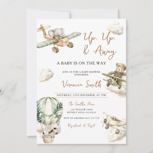 Convites Up & Away, Hot Air Balloon Airplane Baby Shower (Frente)