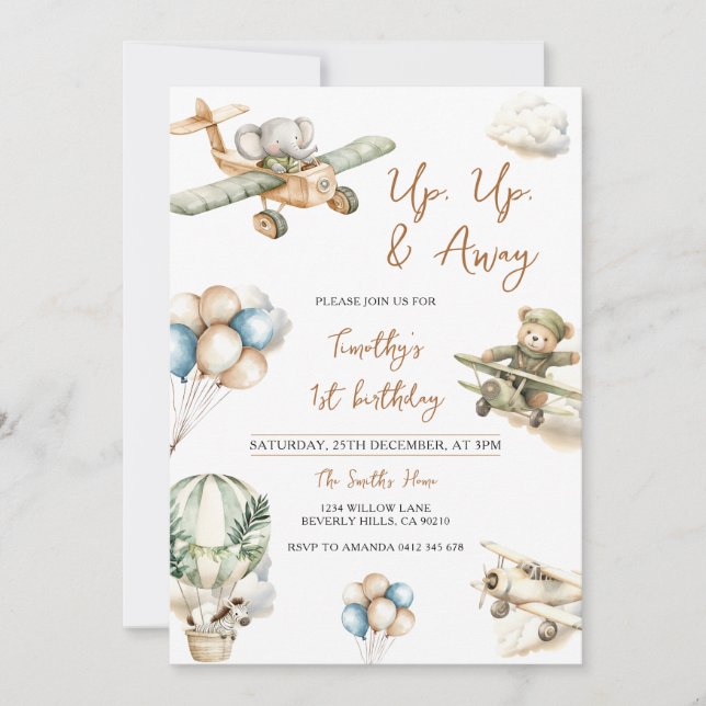 Convites Up Up & Away Airplane Boy 1st Birthday (Frente)