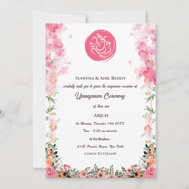 Convites Upanayanam t.c.p. Hindu Thread Janeu Ceremony (Frente)