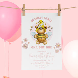 Convites Ursa de Mel Rosa Doce Para Abelha 1º Aniversário