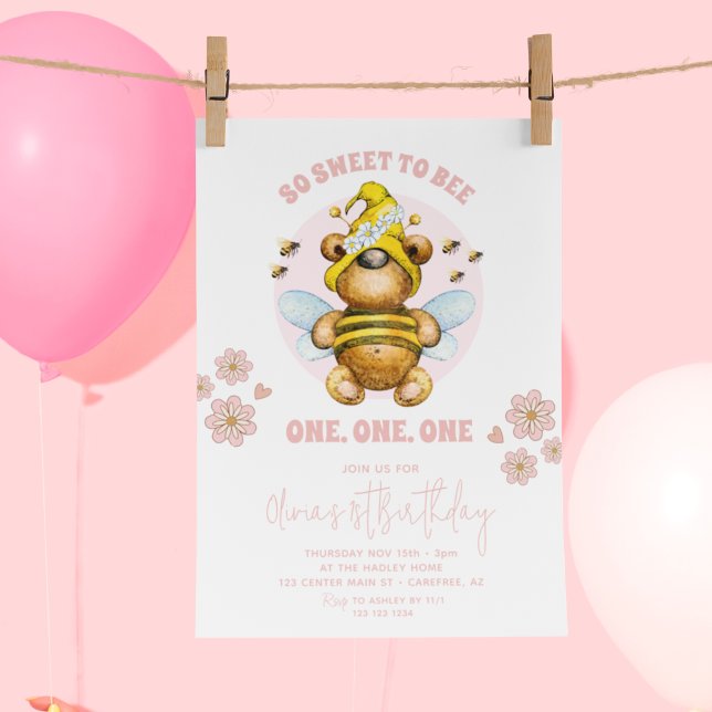 Convites Ursa de Mel Rosa Doce Para Abelha 1º Aniversário (Criador carregado)