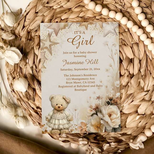 Convites Ursa de pelúcia floral É uma menina Chá de bebê (Criador carregado)