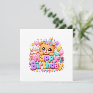 Convites Ursa de pelúcia fofa Kawaii Feliz Aniversário Rosa