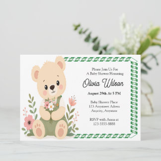 Convites Ursa de pelúcia fofa segurando um buquê de flores