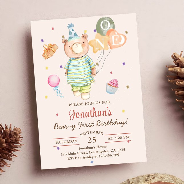 Convites Ursa de pelúcia verde primeiro aniversário Beary (Criador carregado)