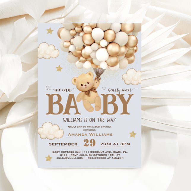 Convites Ursa Espera Urso de Pelúcia Azul Baby Shower Neutr (Criador carregado)