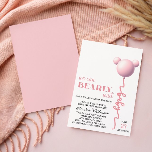 Convites Ursa Rosa Suave Balão de Teddy Menina (Criador carregado)