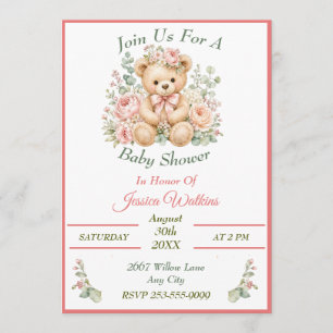 Convites Ursa Teddy Floral Fofa Churrasco de Bebê Rosa Verd