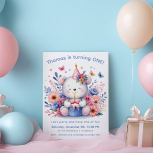 Convites Ursa Teddy Fofa de 1º Aniversário