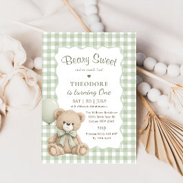 Convites Ursa Verde Doce Balão Primeiro Aniversário Teddy