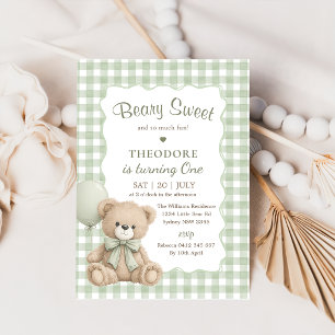 Convites Ursa Verde Doce Balão Primeiro Aniversário Teddy
