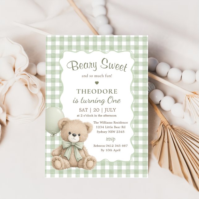 Convites Ursa Verde Doce Balão Primeiro Aniversário Teddy (Criador carregado)