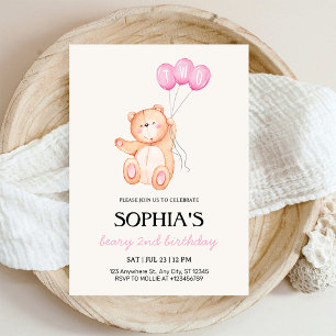 Convites Ursinho Balão Rosa Aniversário de 2 Anos Teddy