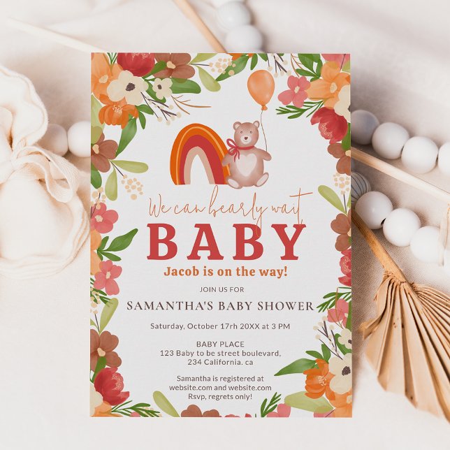 Convites Ursinho bonitinho esperando chá de fraldas arco-ír (Cute teddy bear bearly wait rainbow baby shower invitation)