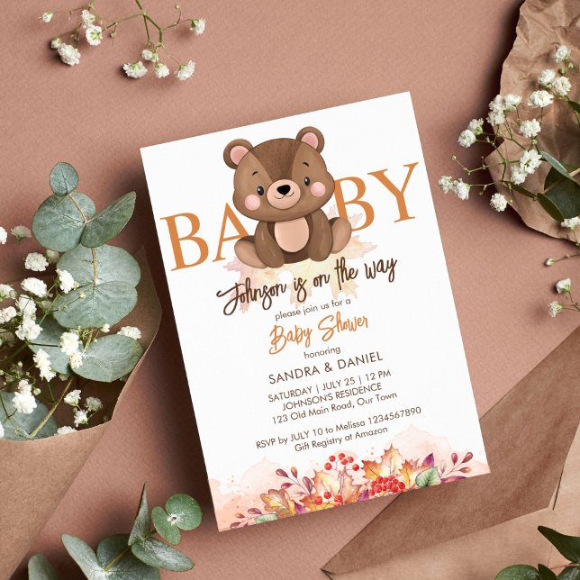 Convites Ursinho chá de fraldas bonitinho do urso Teddy (Teddy bear fall baby shower template invitation instant download autumn foliage brown color)