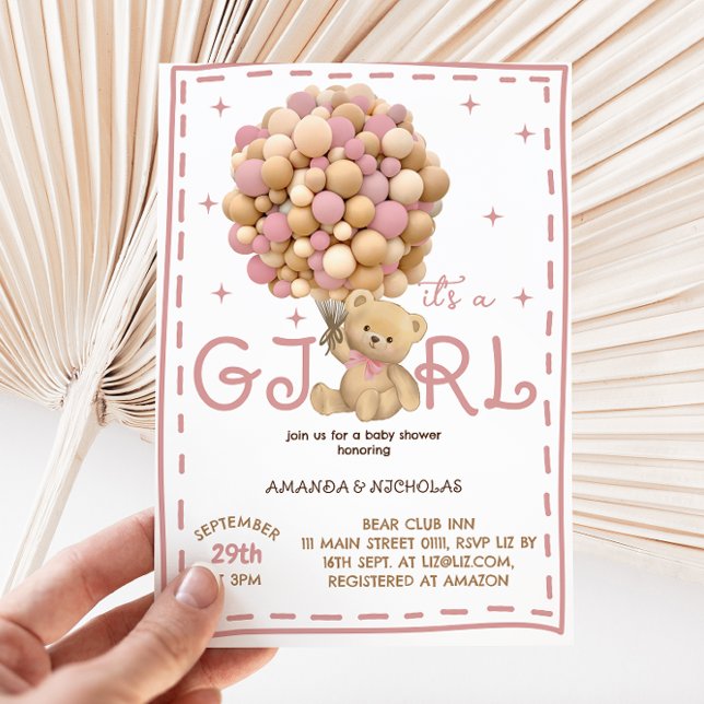 Convites Ursinho com Balões Chuveirinho de Bebê Menina Rosa (Criador carregado)