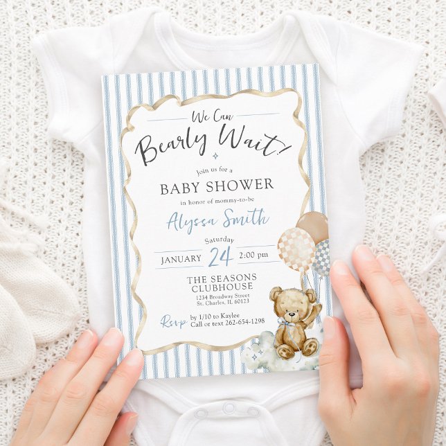 Convites Ursinho de Aguarela Quase Espera Chá de Bebê Menin (Cute teddy bear theme We Can Bearly Wait bow checkerboard balloons blue baby boy shower invitation)