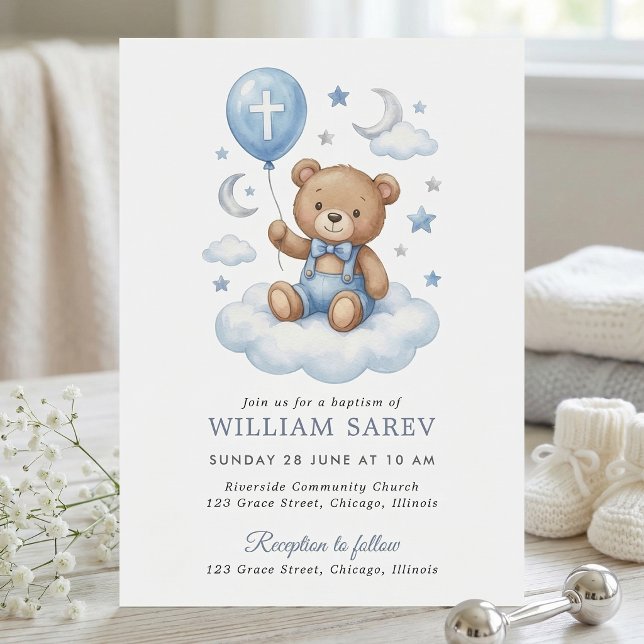 Convites Ursinho de Aquarela Batismo Lua e Estrelas Limpo (Teddy Bear Christening Invitation for Boy in Blue with Moon and Stars)