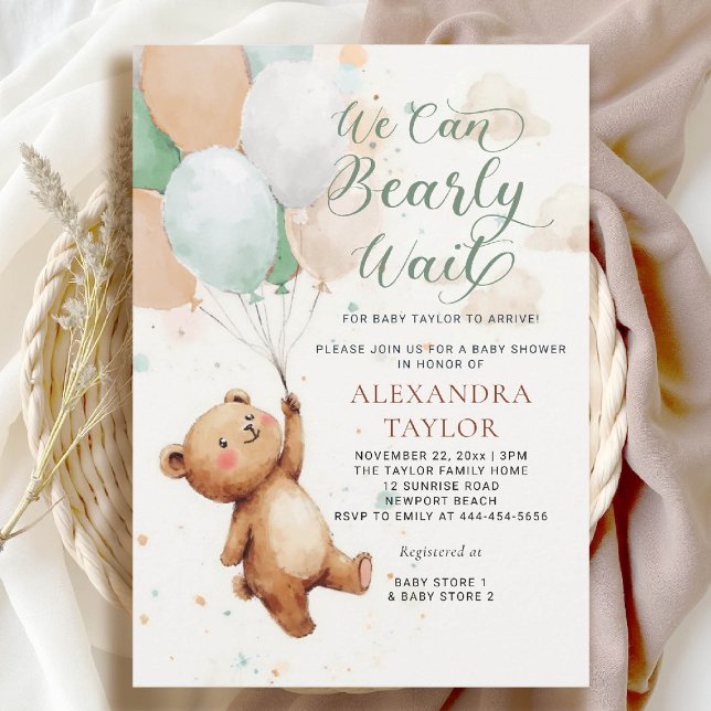 Convites Ursinho  de bebê Chá verde de espera (bearly wait baby shower invitation boy sage green balloons whimsical calligraphy watercolor teddy)