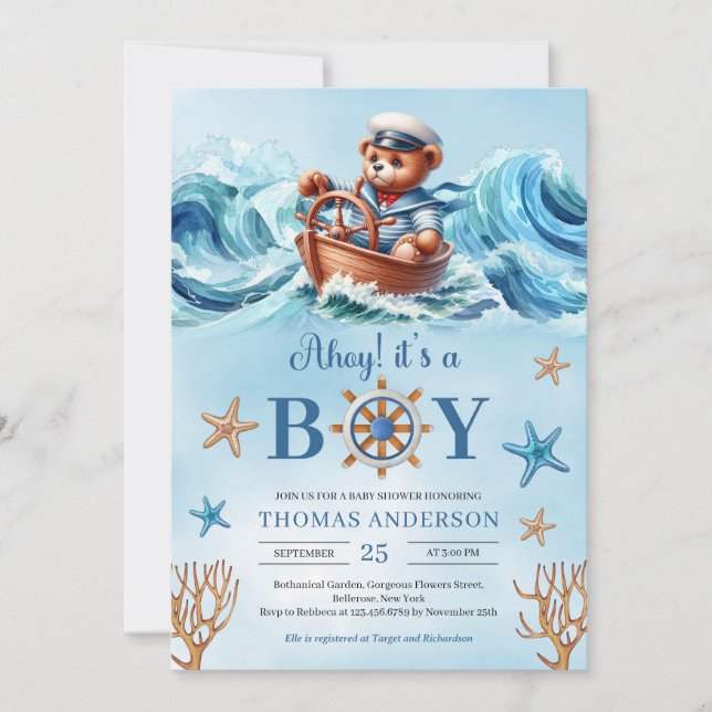 Convites Ursinho de moagem branca Ahoy é um menino (Frente)