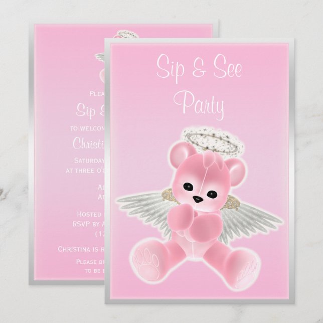 Convites Ursinho de pelúcia Anjo Rosa Sip & See (Frente/Verso)