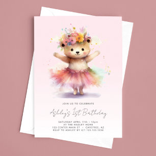 Convites Ursinho de Pelúcia Bailarina Rosa 1º Aniversário