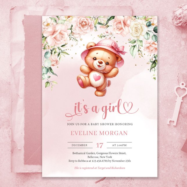 Convites Ursinho de pelúcia bonito e brincalhão no chá de f (Cute playful teddy bear girl baby shower invitation with heart shaped font)