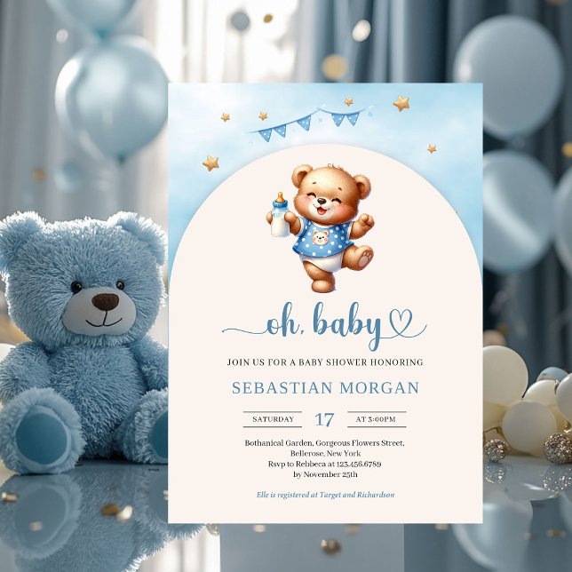 Convites Ursinho de pelúcia com gravura (watercolor playful teddy bear with baby bottle boy baby shower invitation)