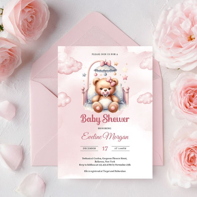 Convites Ursinho de pelúcia cor-de-rosa branca (Blush Pink Teddy Bear Cloud Girl Baby Shower Invite Editable Printable Template)