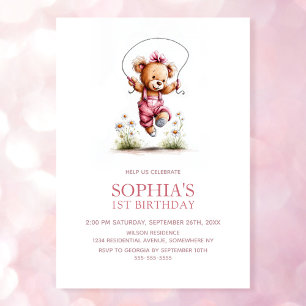 Convites Ursinho de pelúcia para menina alegre 1º aniversár