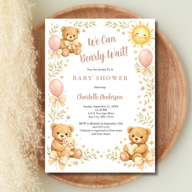 Convites Ursinho de pelúcia para meninas Mal podemos espera (Girls Teddy Bear, We Can Bearly Wait Baby Shower Invitation. Printed or Digital Download)