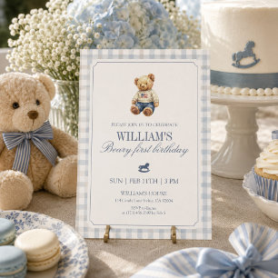 Convites Ursinho de Primeiro Aniversário Menino Urso Xadrez