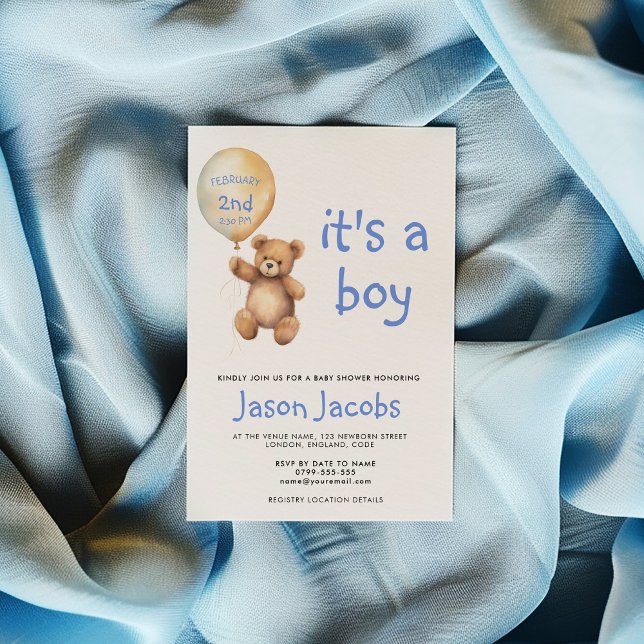 Convites Ursinho fofo de balão flutuante chá de bebê (Cute teddy bear floating balloon baby shower invitation, with space for you to add the date and time)