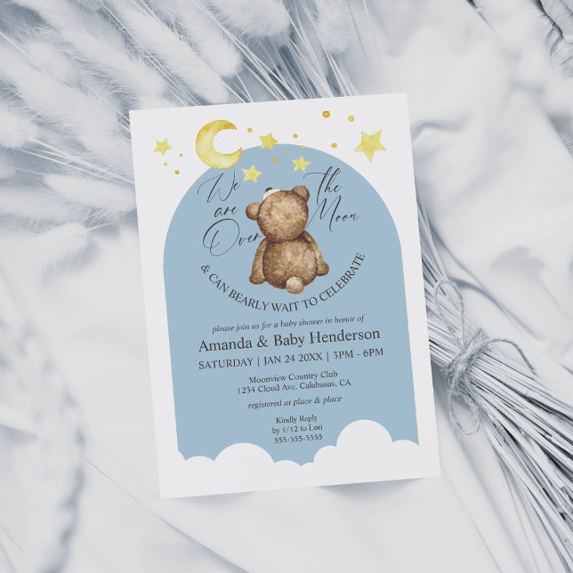 Convites Ursinho Over The Moon Azul Baby Shower (Criador carregado)
