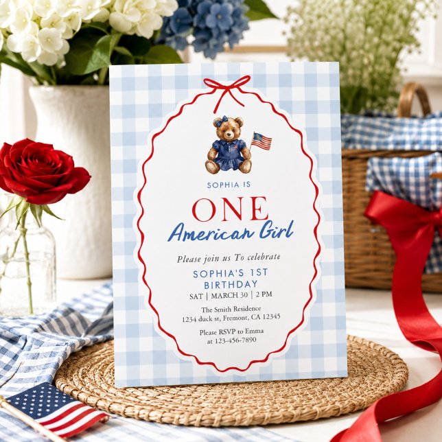 Convites Ursinho Patriótico Chic Menina Navy Gingham 1º  (Criador carregado)