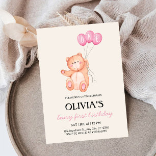 Convites Ursinho Primeiro Balão Rosa Aniversário de 1 ano T