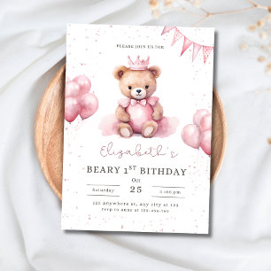 Convites Ursinho Princesa Teddy Beary 1º Aniversário Rosa M
