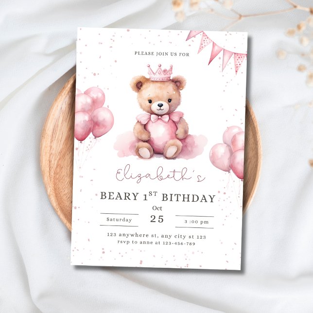 Convites Ursinho Princesa Teddy Beary 1º Aniversário Rosa M (Criador carregado)
