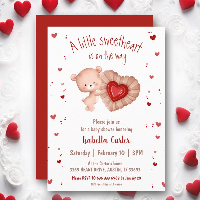 Convites Ursinho Querido Pequeno Vermelho Chá de Bebê do Di (Little Sweetheart Bear Red Valentines Baby Shower Invitation)