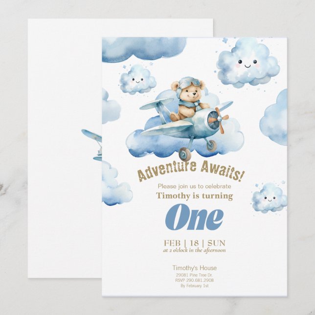 Convites Ursinho Sky-High First Birthday Adventure (Frente/Verso)