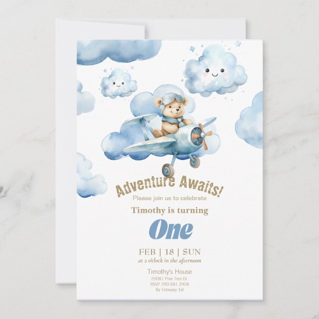Convites Ursinho Sky-High First Birthday Adventure (Frente)