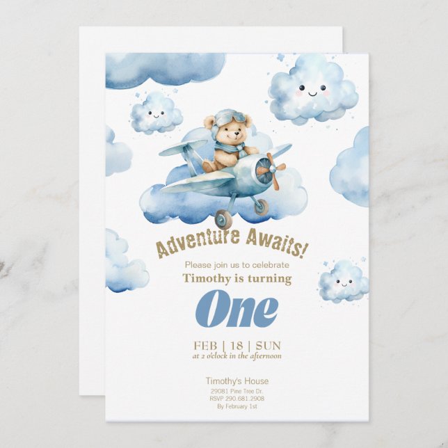 Convites Ursinho Sky-High First Birthday Adventure (Frente/Verso)