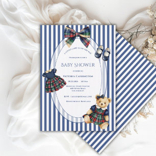 Convites Ursinho Teddy Senhora Pequena Azul e Branco Vintag